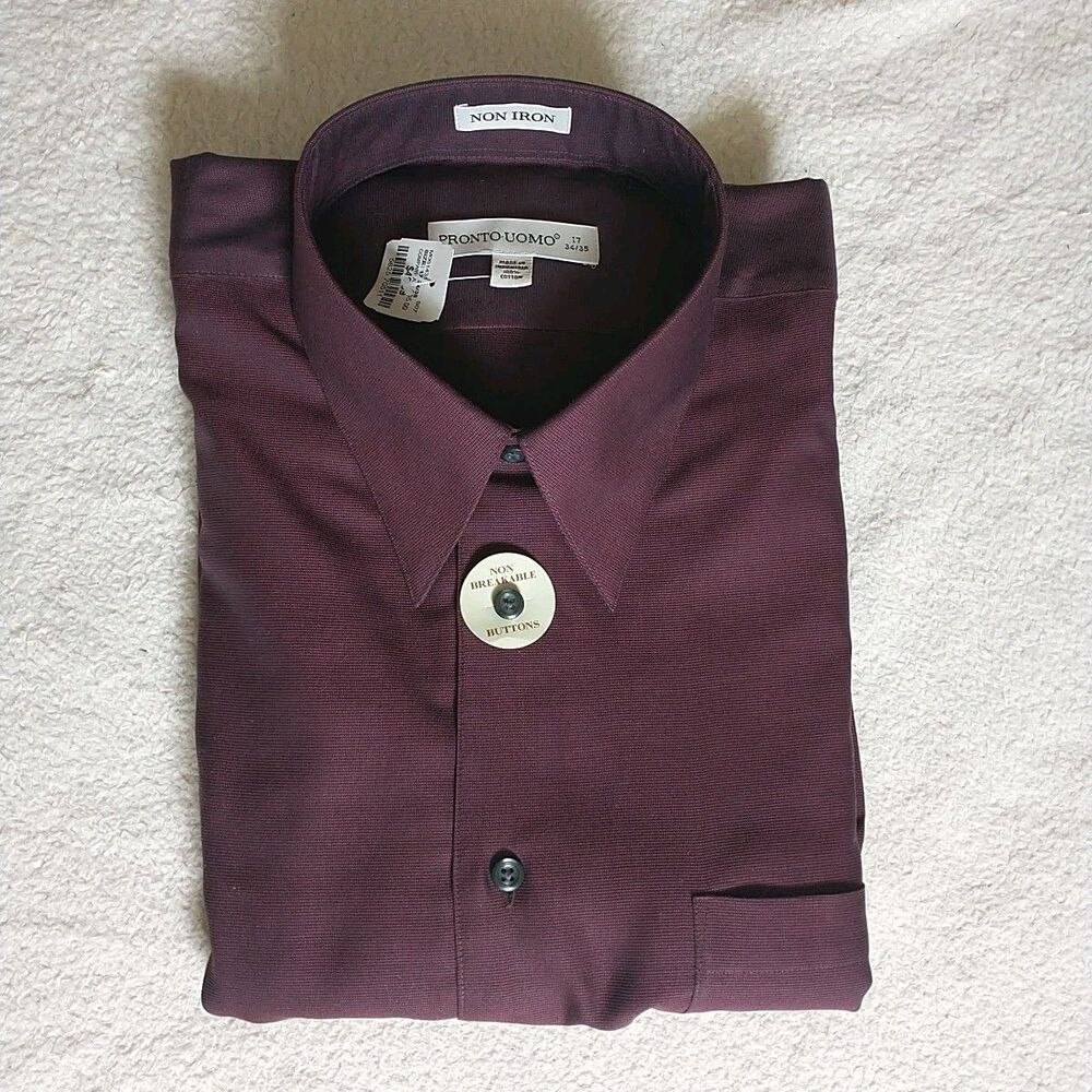 New Pronto Uomo Dress Shirt Mens 17 34/35 Red Burgundy Long Sleeve Non Iron